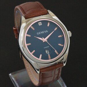 Geneva Men's Dress Watch Diamond At 12 Raised Indices Blue Dial Brown Strap 42mm